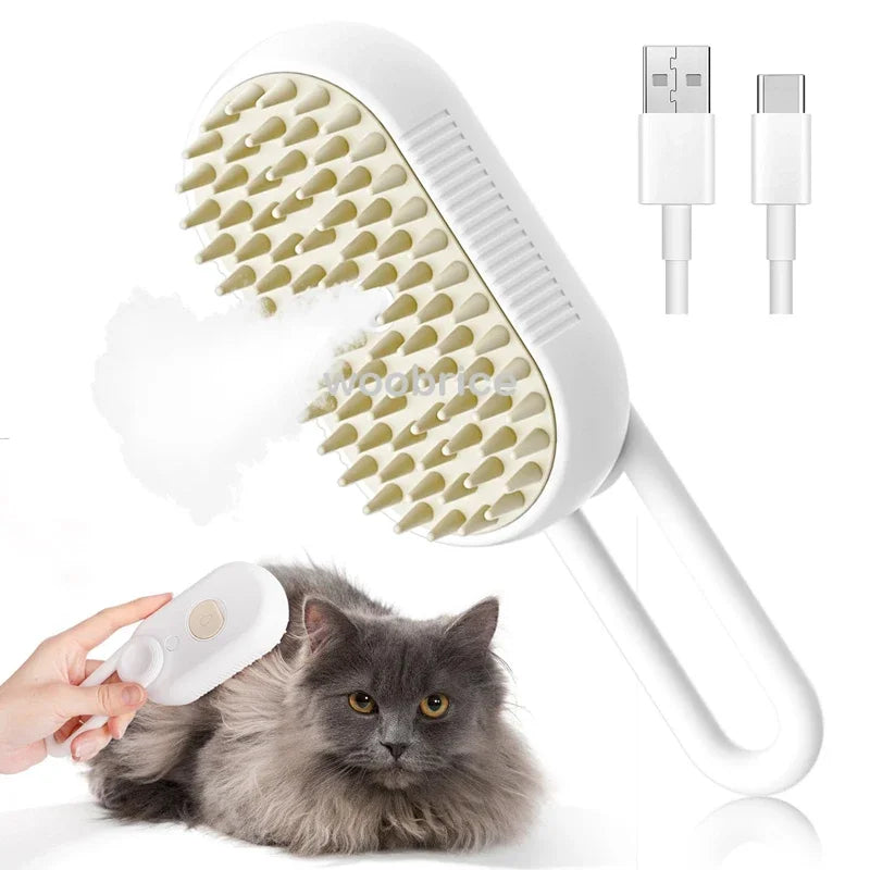 Brosse vapeur blanche à manche utilisée sur un chat gris
