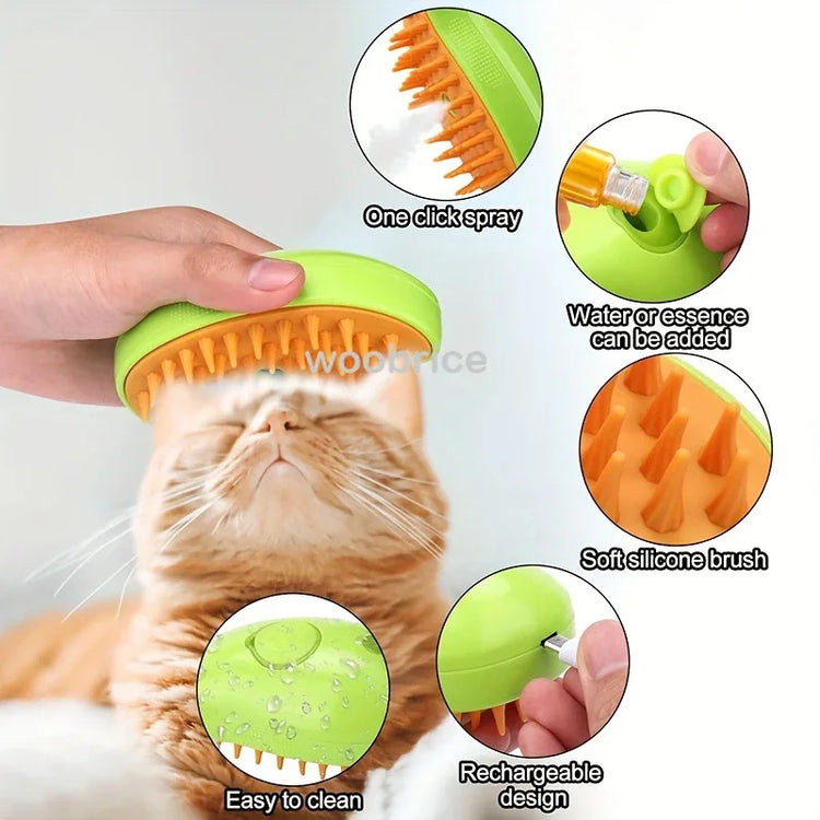 Fonctions de la brosse vapeur : vaporisation en un clic, réservoir d'eau, picots en silicone, rechargeable