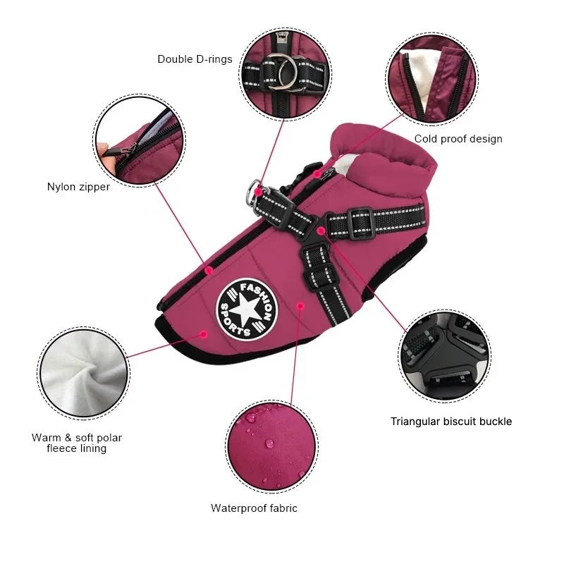 Détails du manteau pour chien : anneaux en D, fermeture éclair, col anti-froid, doublure polaire et tissu imperméable