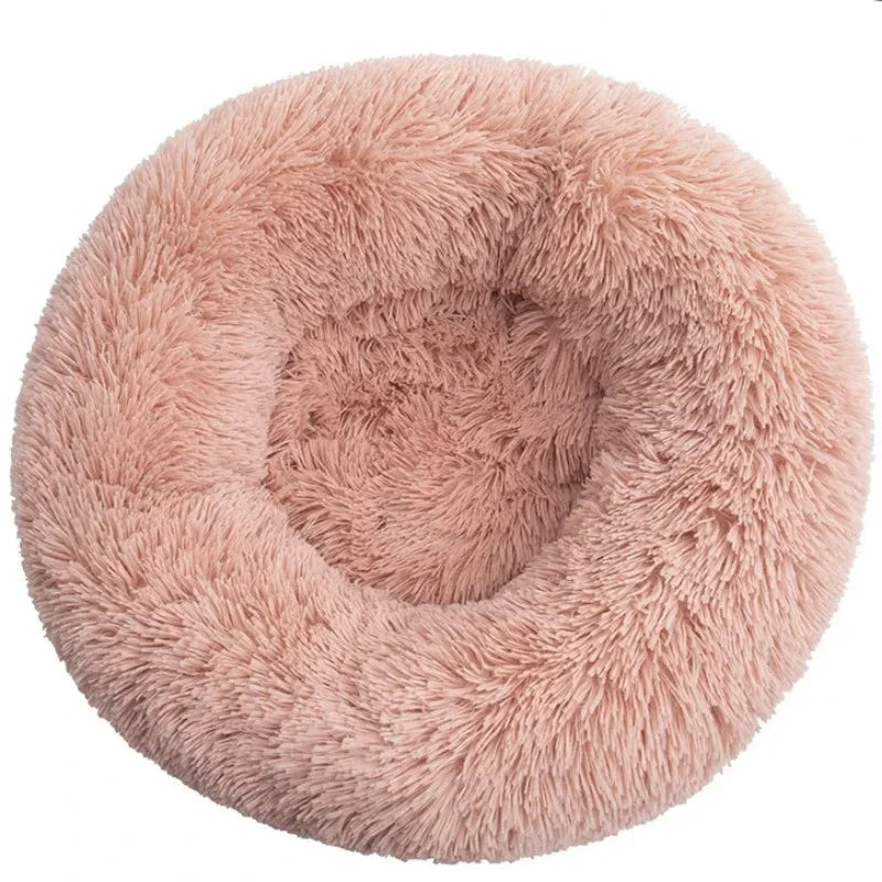 Lit rond en peluche, coloris rose abricot