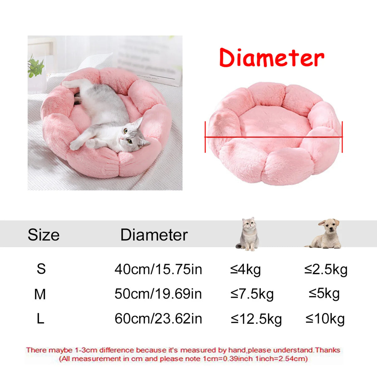 Lit rond moelleux pour chien et chat – Peluche douce et chaude, du 40 au 60 cm