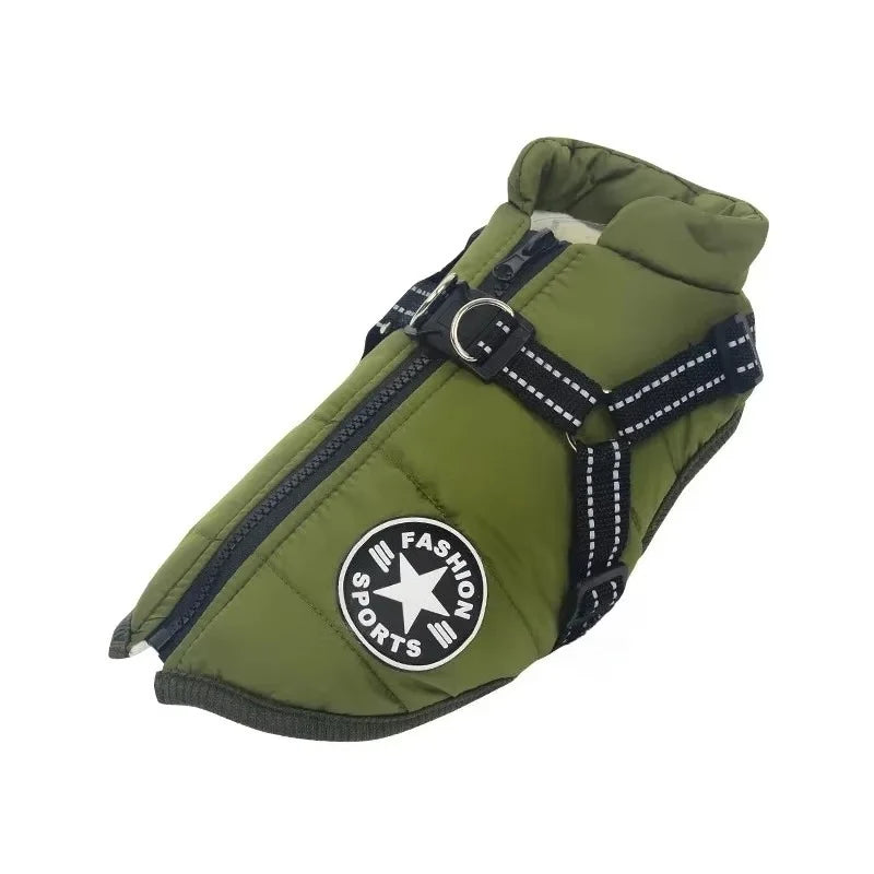 Manteau d'hiver pour chien avec harnais intégré, coloris vert kaki