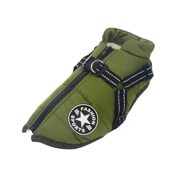 Manteau d'hiver pour chien avec harnais intégré, coloris vert kaki