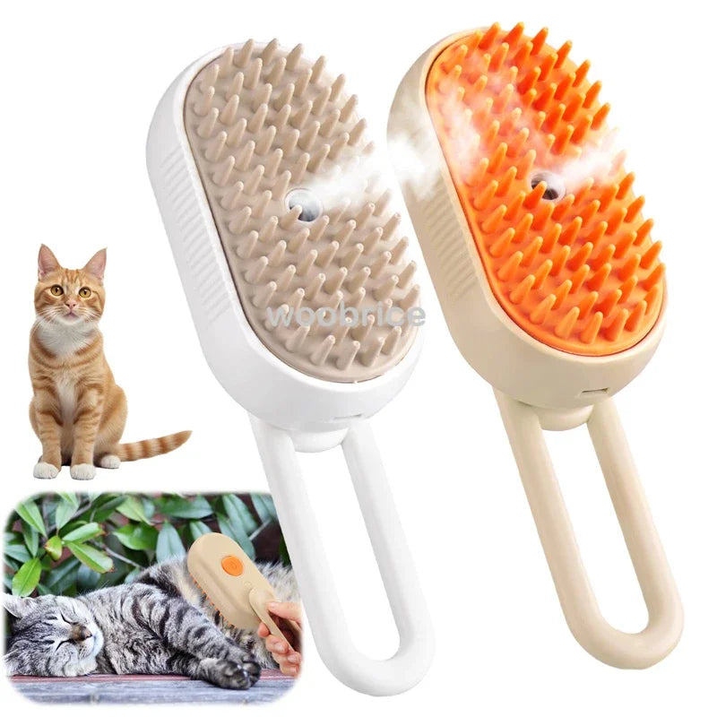 Brosses vapeur à manche, coloris blanc et marron, avec un chat