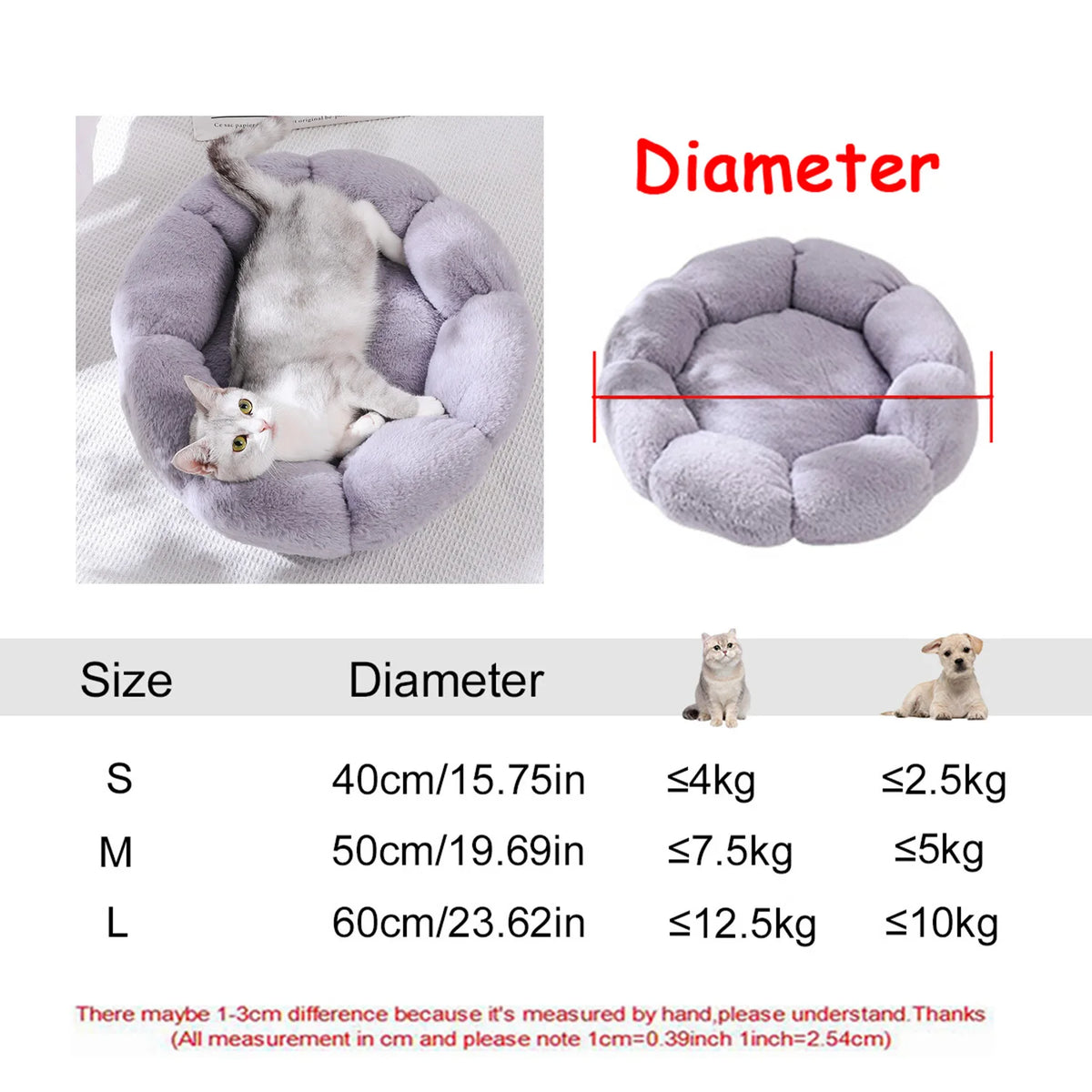 Lit rond moelleux pour chien et chat – Peluche douce et chaude, du 40 au 60 cm