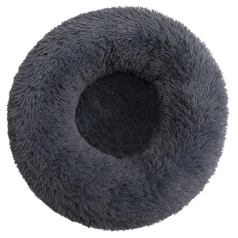 Lit rond en peluche, coloris gris foncé