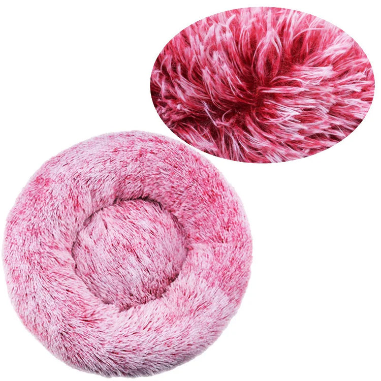 Lit rond en peluche, coloris dégradé vieux rose